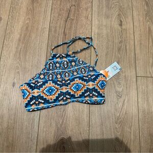 Charmo Blue & Orange Geometric High-Neck Bikini Top